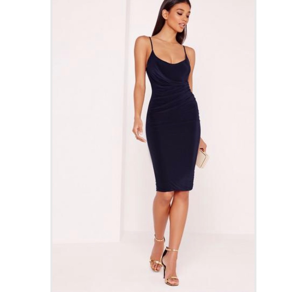 Missguided slinky strappy wrap midi dress navy